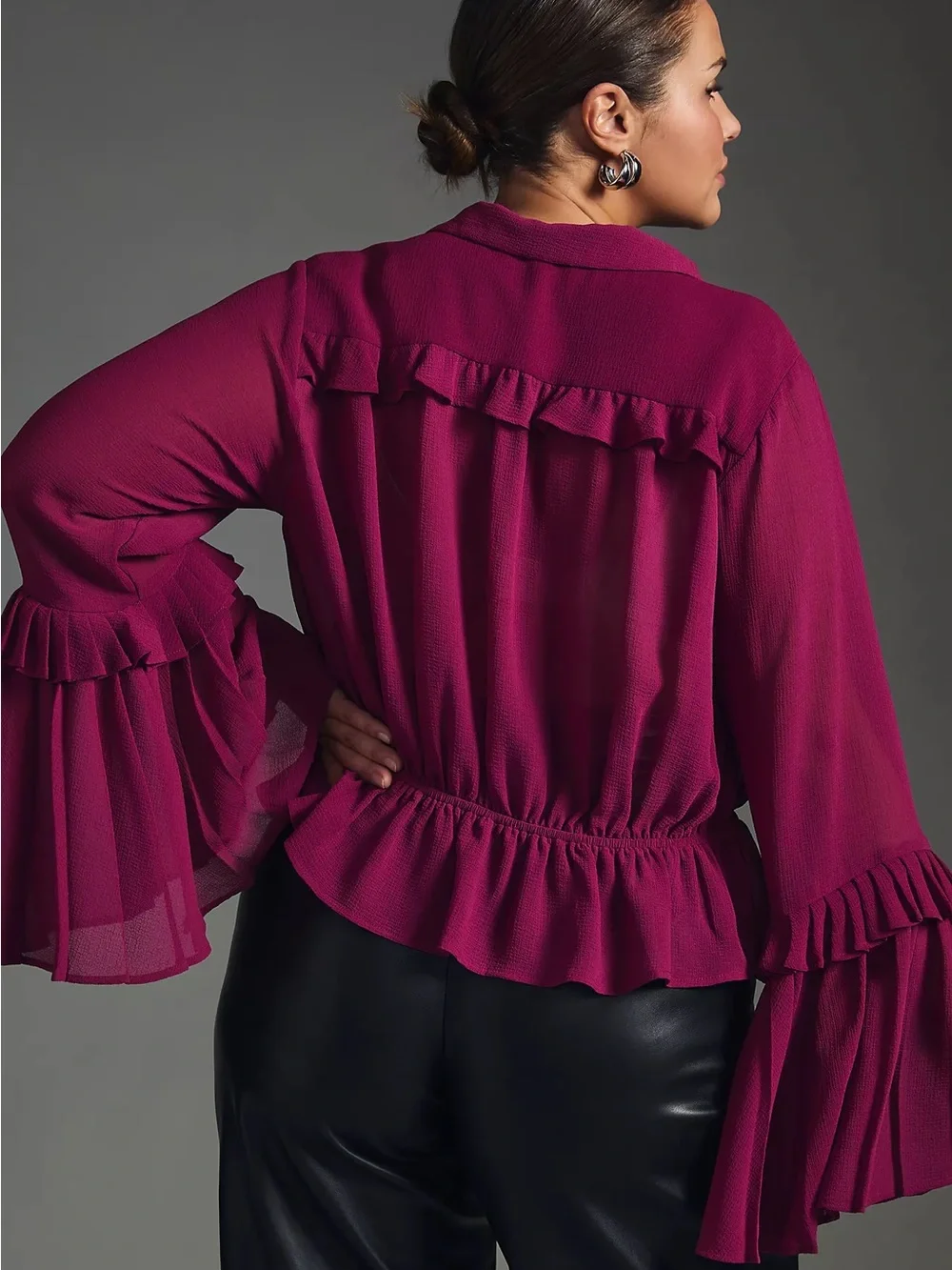 Anthropologie Sheer Ruffles V-Neck Blouse with Flare Sleeves and Fabric Buttons - Picture 2 of 7